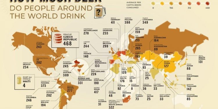 El gasto medio de cerveza por países, según Expensivity