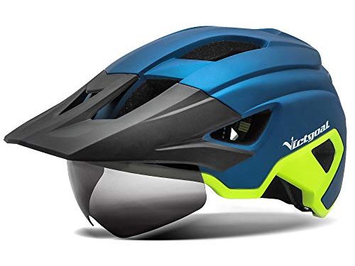 VICTGOAL Casco Bicicleta Adulto MTB Casco con Luz LED Trasera con Gafas Magnéticas Visera Extraíble Casco Bicicleta Ajustable para Hombres Mujeres (Azul Amarillo)