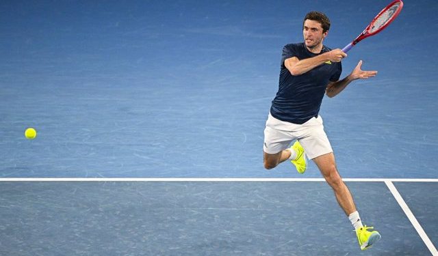 Gilles Simon of France in action during his first Round Men's singles match against Stefanos Tsitsipas of Greece on Day 2 of the Australian Open at Melbourne Park in Melbourne, Tuesday, February 9, 2021. (AAP Image/Dean Lewins) NO ARCHIVING, EDITORIAL USE