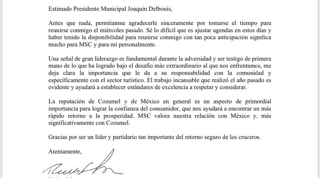 Agradece MSC Cruises a Pedro Joaquín por su liderazgo para un retorno seguro de los cruceros – Palco Noticias