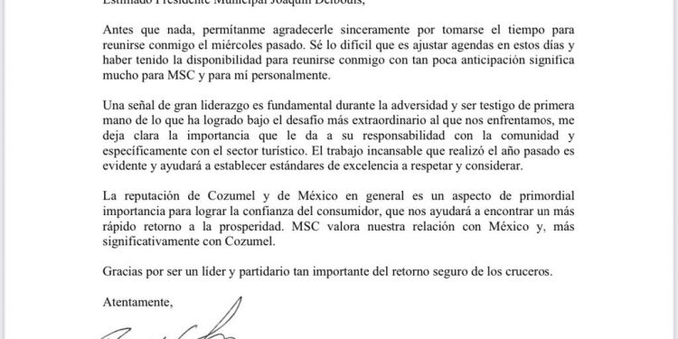 Agradece MSC Cruises a Pedro Joaquín por su liderazgo para un retorno seguro de los cruceros – Palco Noticias