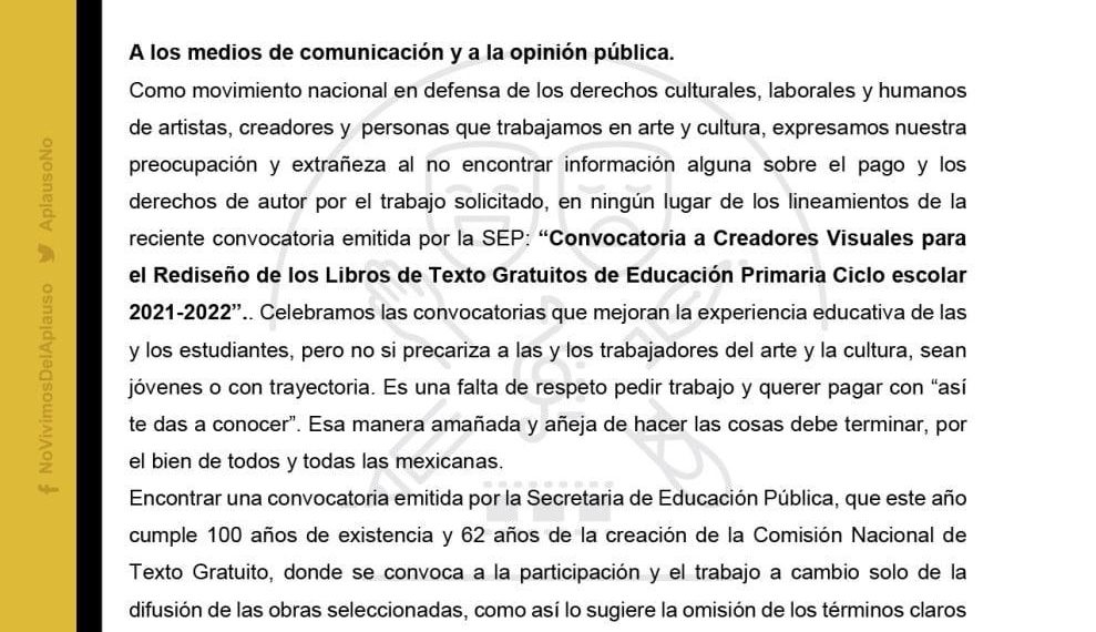 l colectivo #novivimosdelaplauso hace su pronunciamiento por convocatoria a participar en ilustración de libros sin paga