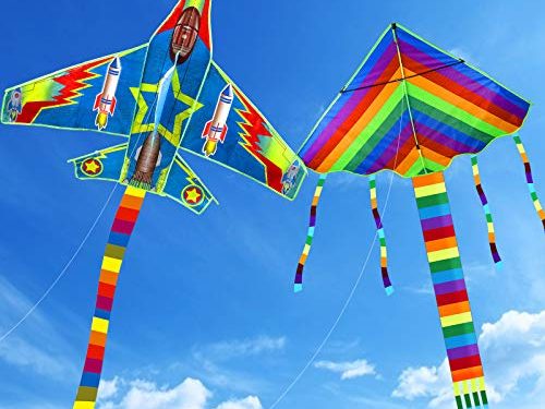 Yojoloin 2PCS Cometa para Niños Adultos,Cometa Arcoíris Grande y Cometa de Avión con Cola Larga Colorida y ala Fuerte,Juego al Aire Libre,Actividades de Primavera y Verano para Niños Niñas