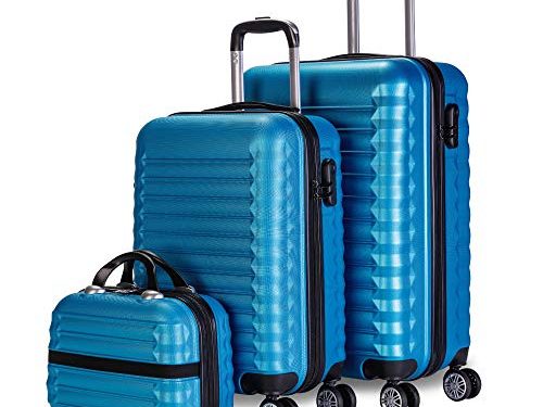 NEWTECK Juego Maletas y Neceser 3 pzs, Maleta Mediana y Pequeña 20 (53x33,5x22cm) + 24 (63x39,5x26,8cm), ABS, Rígidas, Resistentes y Duraderas, 4 Ruedas, Cómodas y Ligeras, Candado Combinación (Azul)