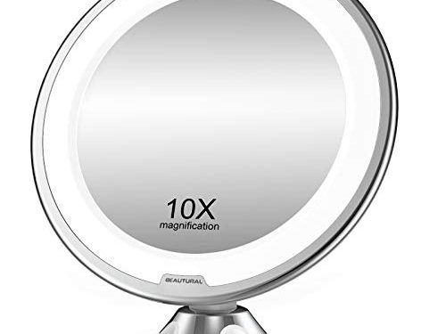 BEAUTURAL Espejo de Baño Mujer, Espejo Maquillaje con luz LED Aumento 10X, con Rótulo Giratorio Ajustable y Ventosa,a Pilas