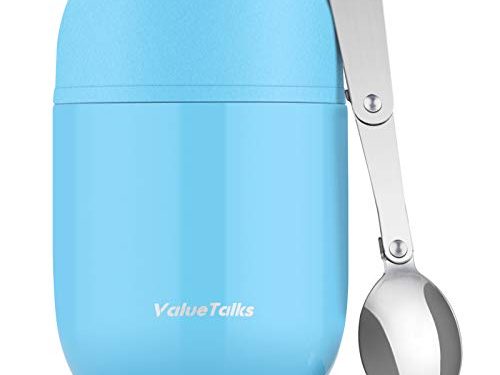 ValueTalks Frasco Térmico Comida 450ml Termo para Alimentos de Acero Inoxidable Aislado al Vacío Frasco con una Cuchara Plegable para Adultos Niños y Bebés (Azul)