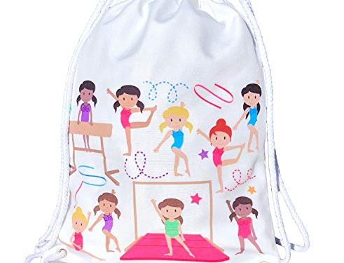 Mochila HECKBO para niñas, bolsa de ballet de algodón - color blanco, estampada por ambos lados con gimnastas de colores, 40 x 30 cm, también adecuado para clases de gimnasia, el jardín de infancia
