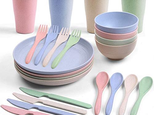 Odoland Cubiertos y Platos Kit de Trigo Ecológico para Acampar 24 Piezas con Platos Cuencos Tazas Tenedores Cucharas Cuchillos y Bolsa Portátil, Kit de Picnic para 4 Personas, Vajilla de Camping