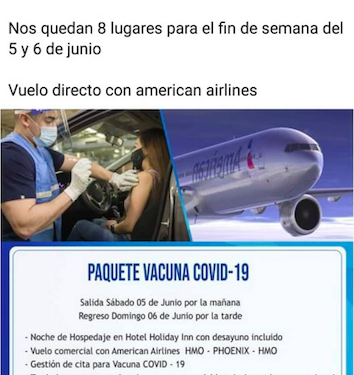 Desde 12 mil a 25 mil pesos cuesta a sonorenses vacunarse en Arizona, viajeros van en vuelos privados o comerciales ante cierre de frontera con EEUU