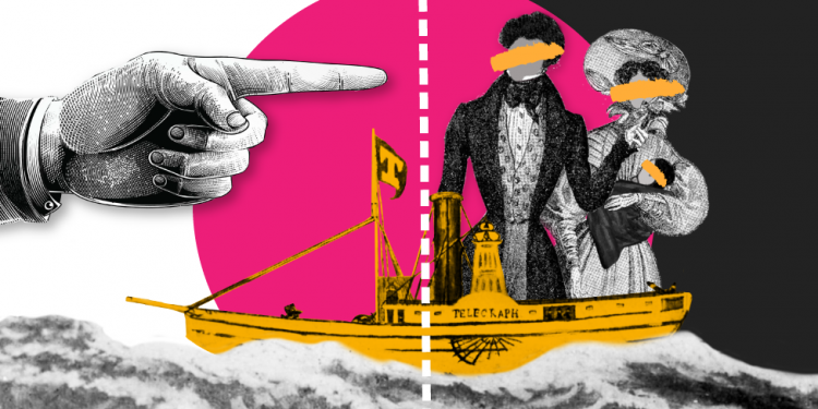 Ilustración artística de la familia Mundrucu en el barco Telegraph