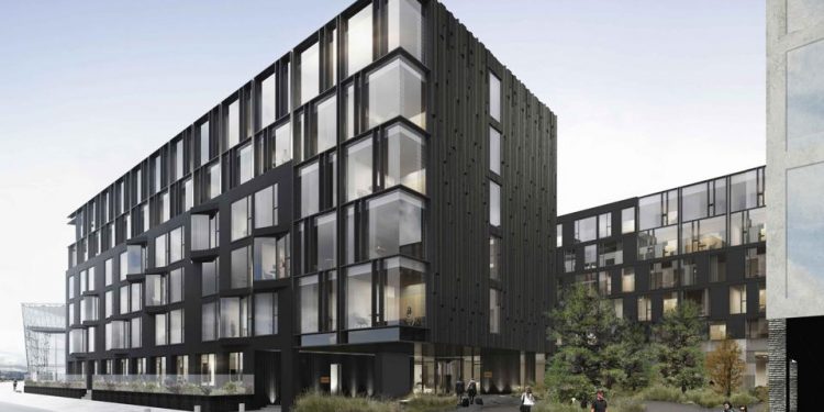 Una representación del hotel EDITION moderno en ébano y vidrio en Reykjavik, Islandia.