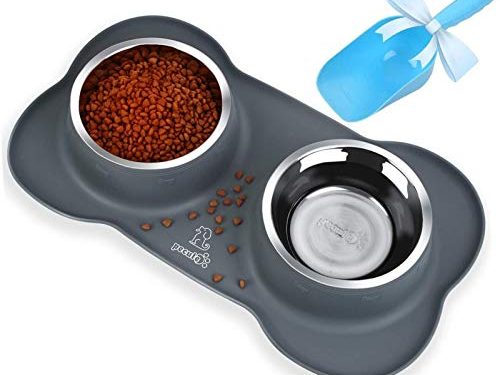 Pecute Comedero para Gatos Perros Mascotas de Acero Inoxidable 12oz 800ml con Pala de Comida, Base de Silicona Antideslizante