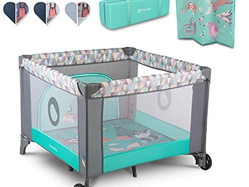 Lionelo Sofie Parque para bebés De viaje 100 x 100 x 76 cm Para niños de hasta 15 kg Perfecto en casa y de vacaciones Sistema de plegado seguro Bolsa incluida Gris y turquesa