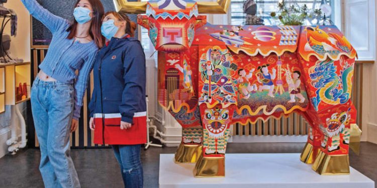 Una obra de arte que representa un buey, creada por Ian Kirkpatrick, se exhibe en Edimburgo, Escocia. Foto proporcionada a China Daily