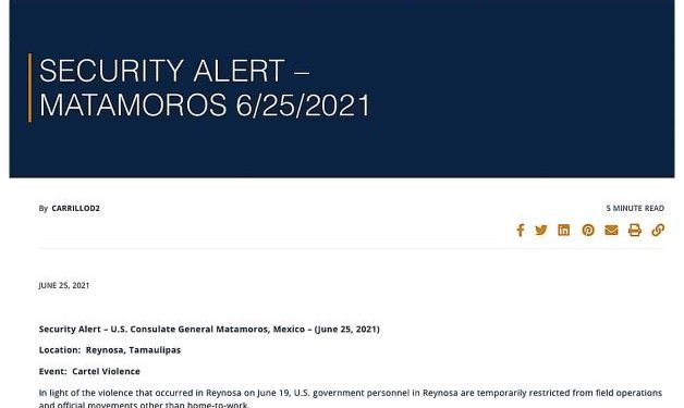 Reynosa bajo ´alerta´ de EU; restringe viajes a Matamoros y Río Bravo