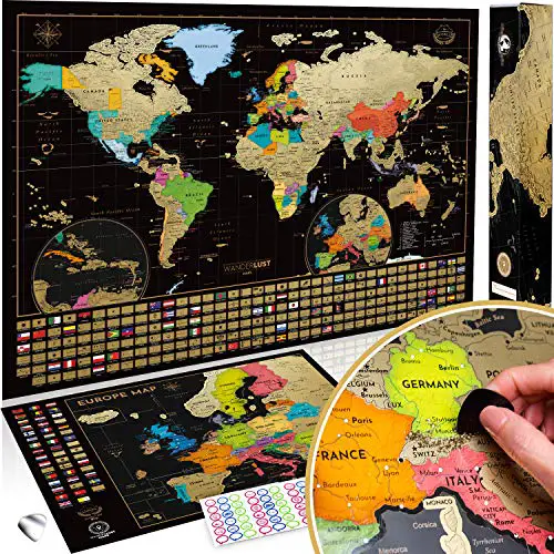 Papel sólido gramaje 300g/m² WIDETA Mapa del mundo ilustrado en español/Póster gran formato y laminado/Incluidos gran mapa de españa y Adhesivos 82 x 44 cm 