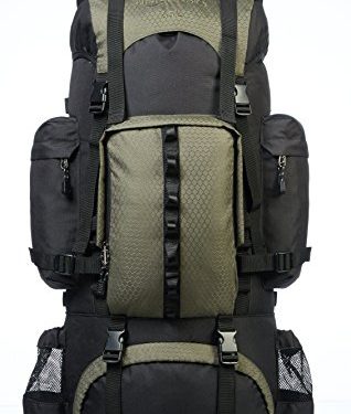 Amazon Basics - Mochila de senderismo con estructura interna y capa para lluvia, 65 L, Verde