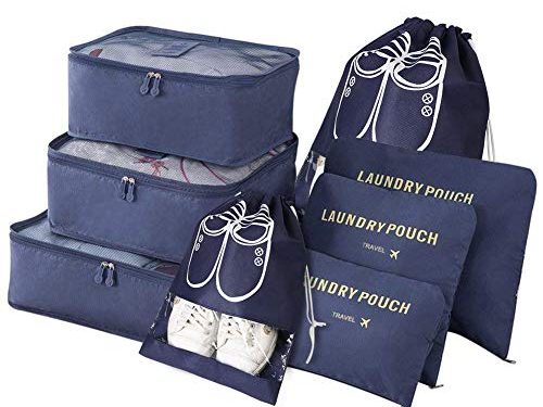 Vicloon Organizador de Equipaje,8 en 1 Set de Organizadores de Viajes, Impermeable Organizador de Maleta Bolsa Incluir 3 Cubos de Embalaje,3 Bolsos de la Compresión y 2 Bolsas de Zapatos (Azul Oscuro)