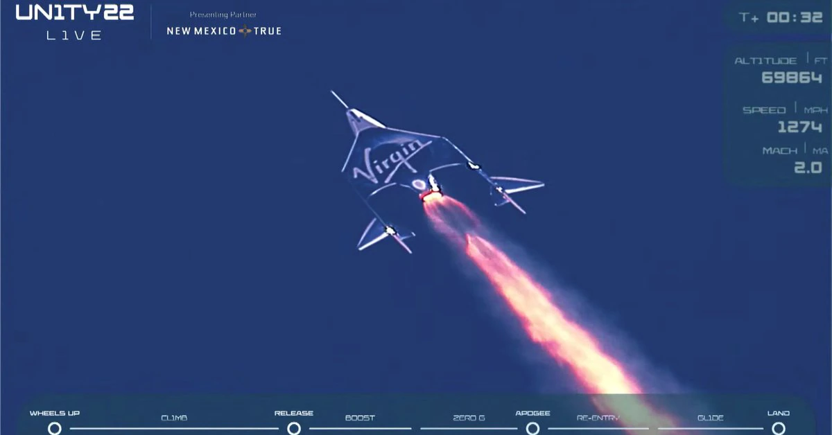 El momento en que la nave de Virgin Galactic de Richard Branson se desprende del avión transportador y llega al espacio