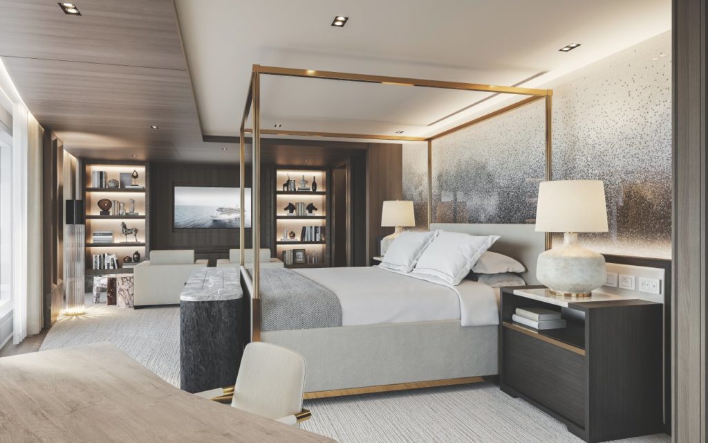 recámara con muebles cafés en la suit de lujo del crucero suite de lujo