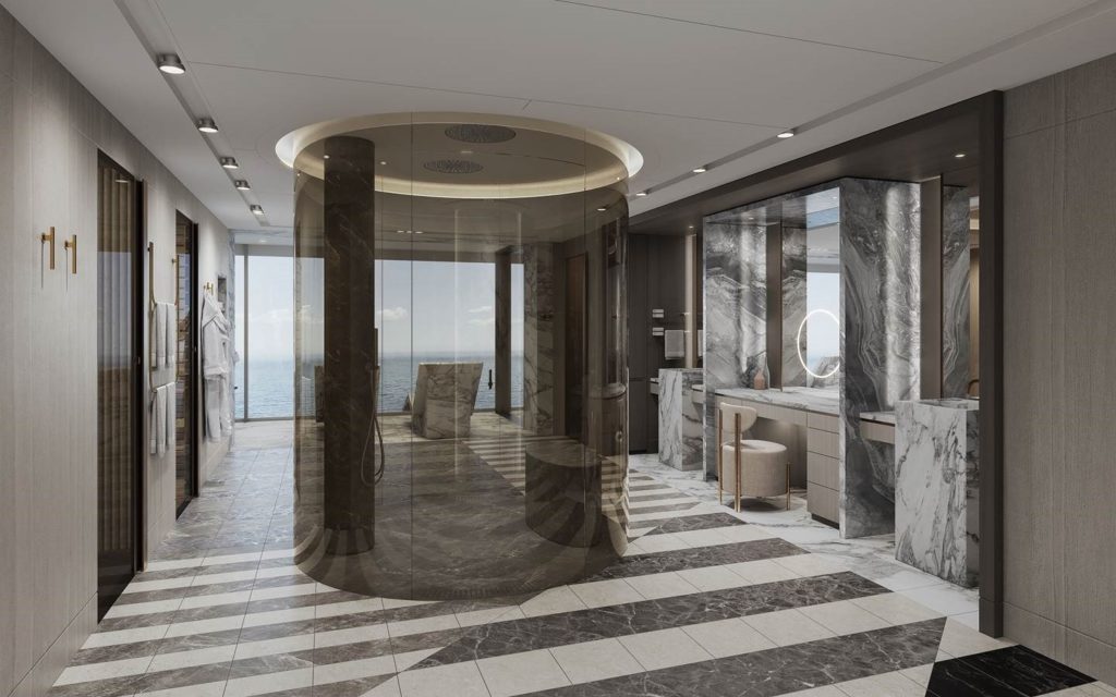 un espacio acristado con vista al horizonte es parte de la suit de lujo en el crucero suite de lujo