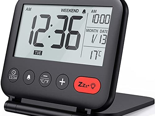 NOKLEAD Reloj Despertador Digital de Viaje - Mini Reloj Pantalla LCD portátil Calendario retroiluminado, Temperatura del Calendario Espejos cosméticos, Reloj de Escritorio Plegable (negro1)