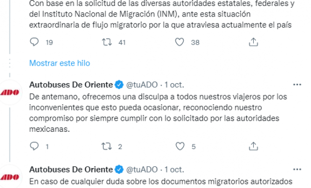 Hilo de Twitter del comunicado de ADO.