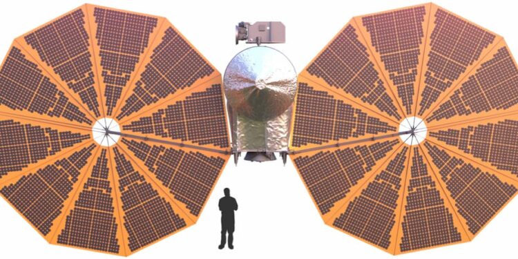 Esquema de Lucy con los paneles solares y la plataforma de instrumentos desplegados – Southwest Research Institute