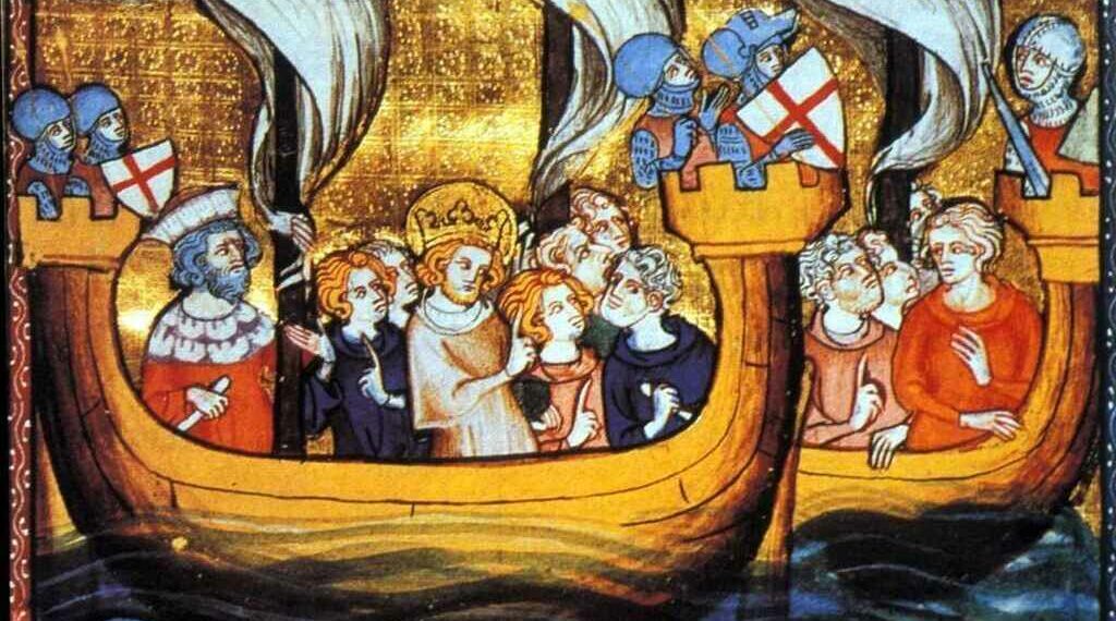 Luis IX navega a la cruzada. Una ilustración de Gillaume de Saint-Pathus.