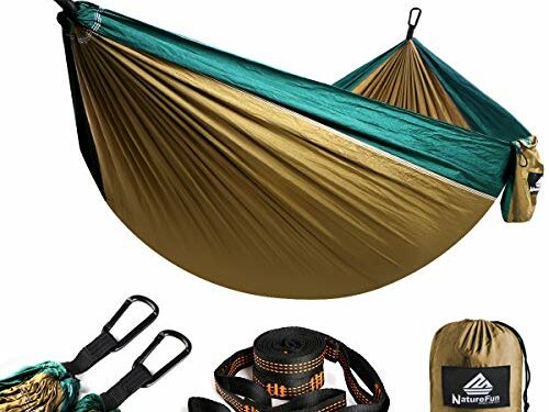 NatureFun Hamaca ultraligera para camping| 300kg de capacidad de carga, (275 x 140 cm) Estilo paracaídas de Nylon, transpirable y de secado rápido. 2 mosquetones premium, 2 eslingas de nylon incluidas