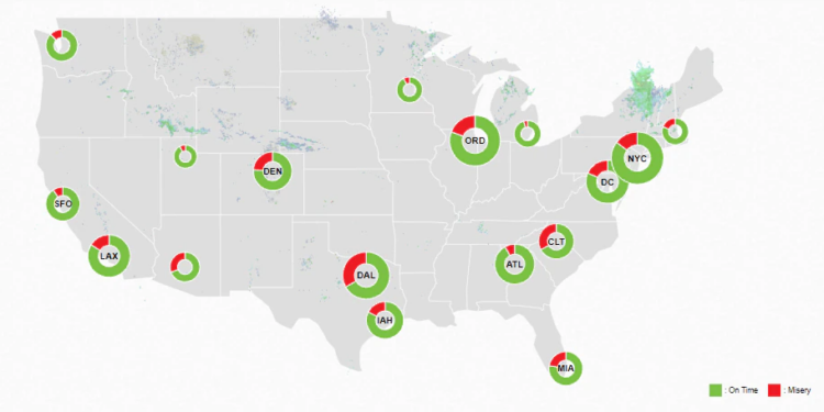 Mapa de Flight Aware de la situación el domingo con los vuelos cancelados de American Airlines.