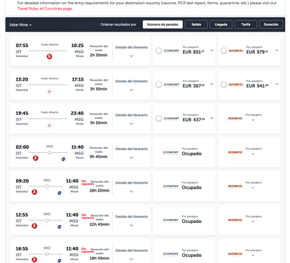 Captura de pantalla de la web de Turkish Airlines donde se aprecia que los vuelos hacia Minsk con escala en Moscú están completos