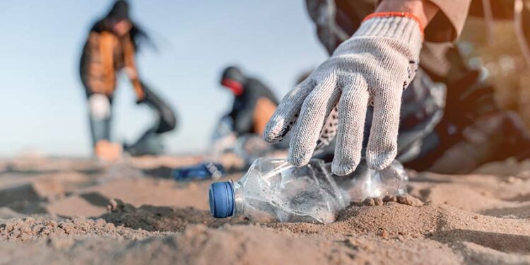 Recogida de plásticos en una playa