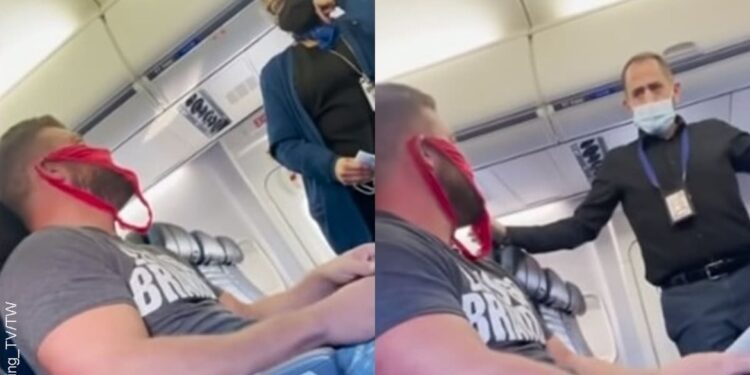 Bajan del avión a un hombre que usaba tanga en lugar de cubrebocas