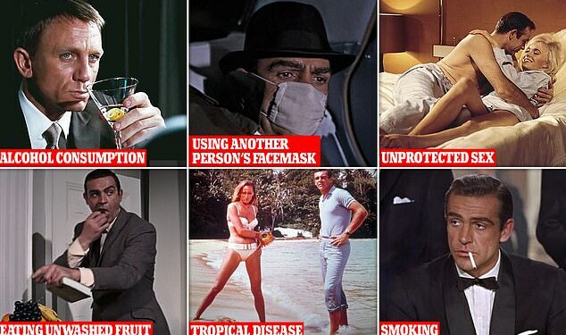 Los riesgos para la salud de Bond en las películas realizadas por Eon Productions incluyen el consumo de alcohol (como se ve aquí en 'Casino Royale'), el uso de la máscara facial de otra persona ('Solo se vive dos veces'), el sexo casual, que pone en riesgo las ITS ('Goldfinger'), comer fruta sin lavar ('Thunderball'), enfermedades en lugares tropicales y fumar (ambos 'Dr. No')