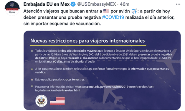 Prueba Covid negativa no aplica para viajes terrestres a EUA