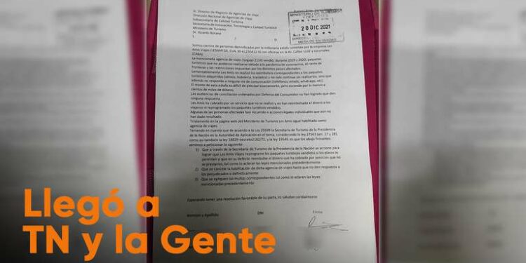 La denuncia que presentaron en el Ministerio de Turismo y Deportes. (Foto: TN y La Gente).
