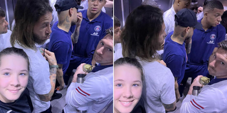 Messi mira de reojo y Mbappé está sorprendido por la decisión de tomar una foto (@marta_silchenko_golf)