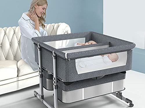 FGDSA Cuna De Cabecera para Gemelos, Cuna De Viaje con Colchón Cama De Bebé Plegable Camas para Niños Pequeños Ajustables En Altura Cunas De Muñecas De 80 Kg con Gran Capacidad De Carga, Gris
