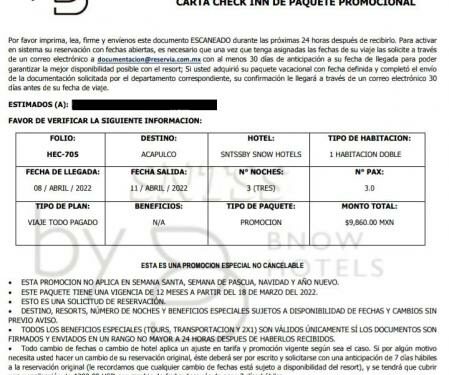 Carta check inn utilizando el nombre del hotel para proporcionar información falsa