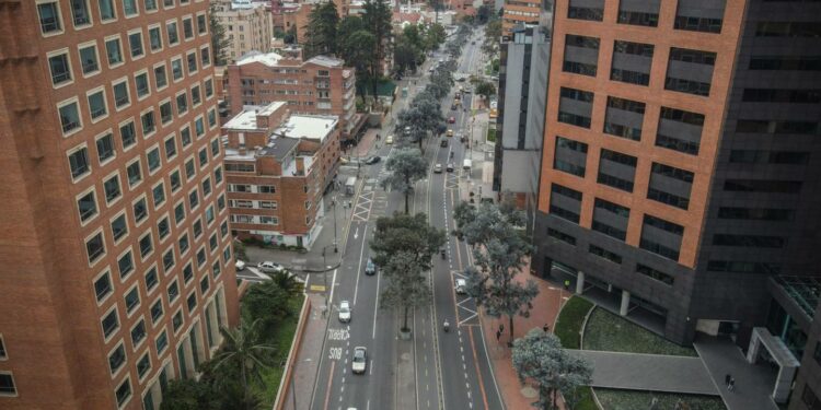 Vehicles on Carrera Septima in Bogota, Colombia, on Saturday, April 9, 2022. Colombia's bustling capital has an ambitious climate plan aiming for a 15% reduction in greenhouse gas emissions by 2024, a 50% reduction by 2030 and carbon neutrality by 2050. Photographer: Nathalia Angarita/Bloomberg