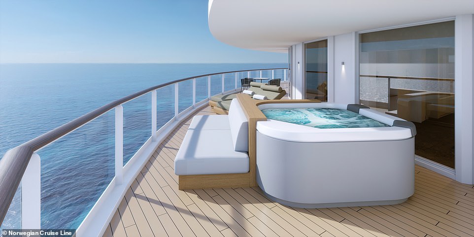 The Haven es un enclave exclusivo al que se accede con tarjeta de acceso de 107 cabañas de lujo con su propio restaurante, salones, terraza, spa al aire libre y piscina, a las que se accede mediante ascensores privados.  La representación de arriba muestra un jacuzzi en el balcón de una de las cabañas.