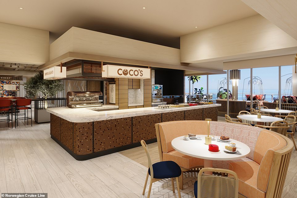 Los pasajeros pueden degustar postres elaborados como una 'cúpula de yuzu y chocolate blanco' en Coco's (que se muestra en la representación anterior)