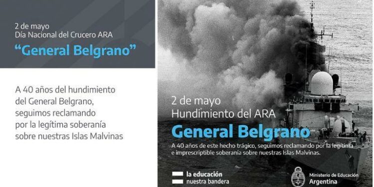 El homenaje del Ministerio de Educación Crucero ARA General Belgrano con la foto equivocada