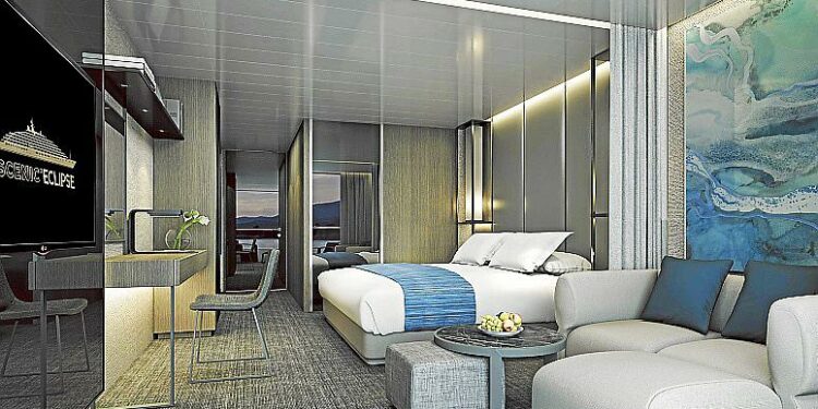 PALMA. CRUCEROS. Llega a Palma el primer crucero diseâÂ±ado como un megayate plus. En la imagen principal, el âÃÃ²Scenic EclipseâÃÃ´ en Palma y en las fotos de detalle, habitaciââ¥n y salââ¥n del exclusivo barco.MAS FOTOS EN LA CARPETA DEL