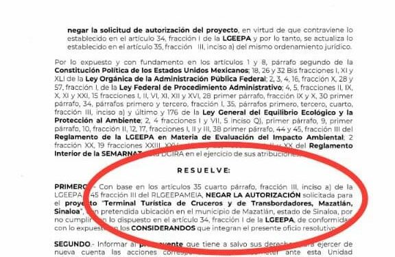 Niega Semarnat autorización del MIA a la Administración Portuaria de Mazatlán para construcción de terminal de cruceros