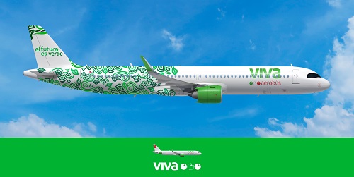 Viva Aerobus realizo su 1er vuelo con combustible sostenible y revela en nuevo diseño de un A321 con motivo de su cultura ambiental