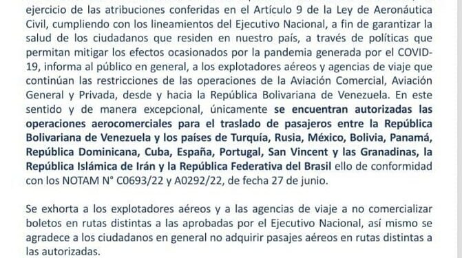 INAC autorizó vuelos desde Venezuela hacia Brasil e Irán