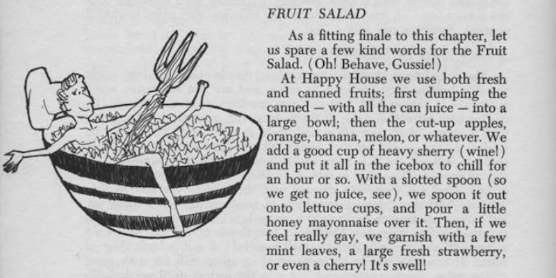Página interna de  'The gay cookbook' (1965) de Lou Rand dedicada a la ensalada de frutas