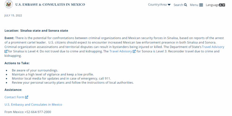 Advierte EEUU de viajes a Sinaloa y Sonora por posibles enfrentamientos entre criminales tras detención de Rafael Caro Quintero